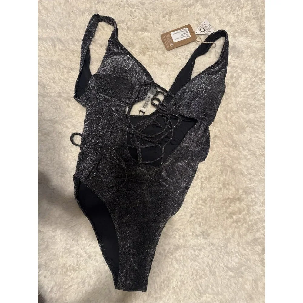 Berlook Metallic Silver Black Cross Back One-Piece Swimsuit XL Extra Large NEW